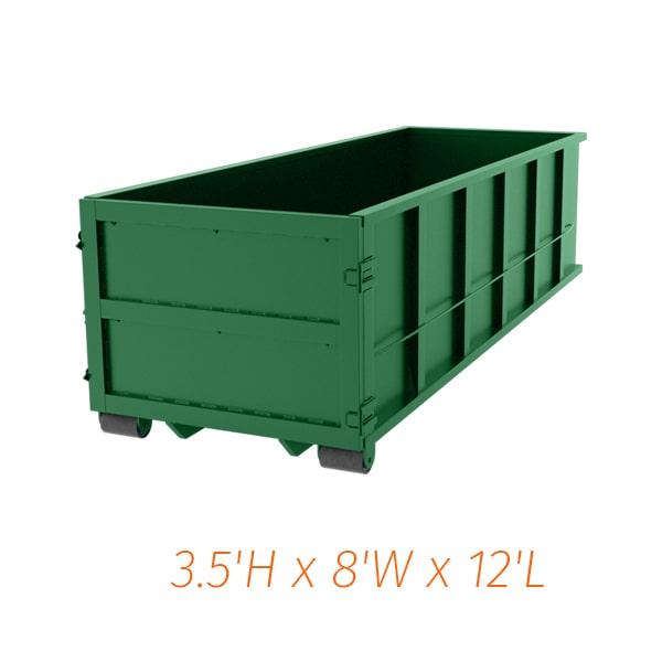 the ten yard dumpsters are 12 feet long, 8 feet wide, and 5 feet tall